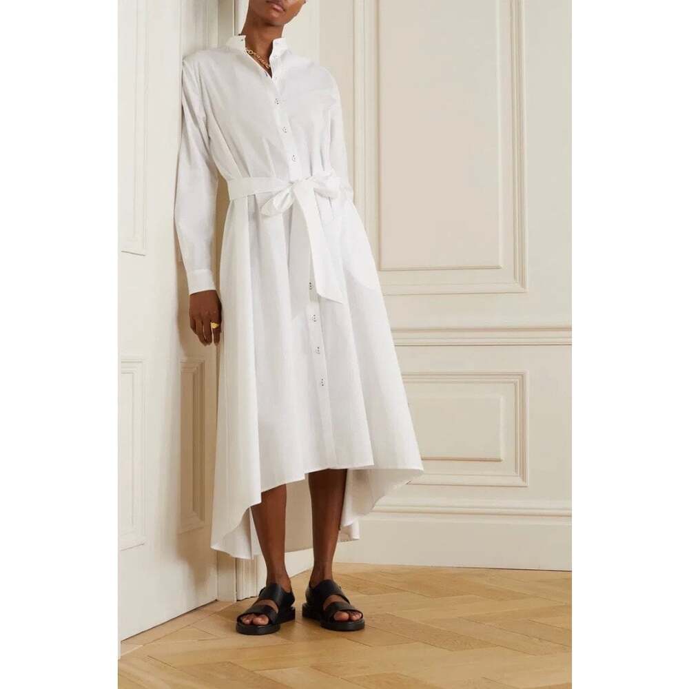 SALONI Inez Belted Pleated Maxi Shirt Dress White Cotton Size US 4